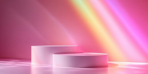 Aufkleber - Minimalist Platforms on Pink Background with Soft Rainbow Light and Shadows, Empty Display for Beauty Products