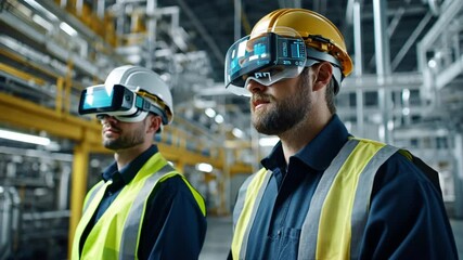 Wall Mural - inside a heavy industrial facility, engineers wearing ar glasses inspect machinery while viewing rea