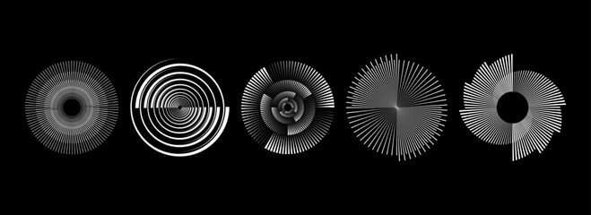 Poster - Radial spinning spiral pattern set. Circular speed lines form collection. Rotating circle sound wave concepts. Abstract sunburst ray and beam design element for icon, badge, logo, tag, label. Vector