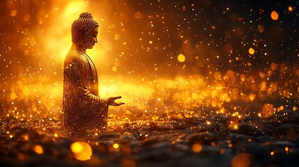Wall Mural - Buddha silhouette standing forward, body composed of golden shimmering dots ethereal light 