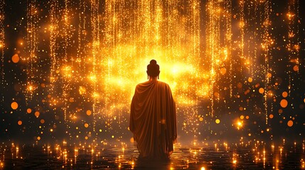 Wall Mural - Buddha silhouette standing forward, body composed of golden shimmering dots ethereal light 