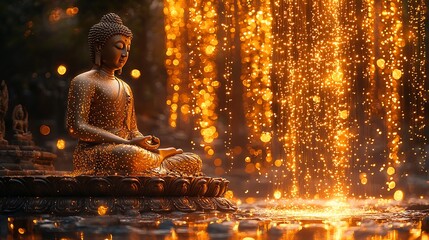 Wall Mural - Buddha silhouette with golden dots cascading from the body shimmering with light 