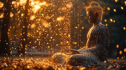 buddha silhouette with golden dots cascading from the body shimmering with light