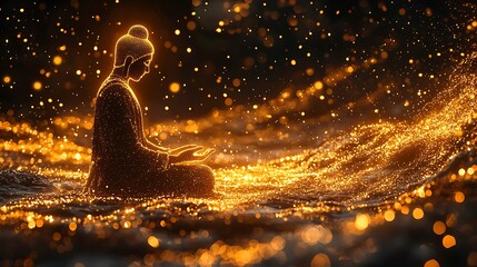 Wall Mural - Buddha silhouette with golden dots cascading from the body shimmering with light 