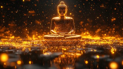 Wall Mural - beautifully detailed Buddha silhouette in golden dots forward facing shimmering glow 