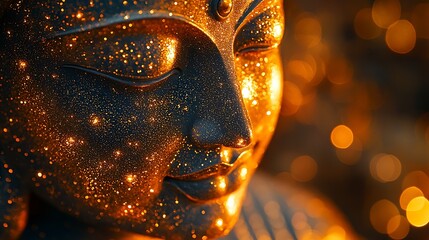 Wall Mural - beautifully detailed Buddha silhouette in golden dots forward facing shimmering glow 