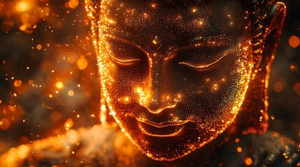 Wall Mural - ethereal Buddha silhouette forward with intricate tiny dot details and golden shimmering glow 