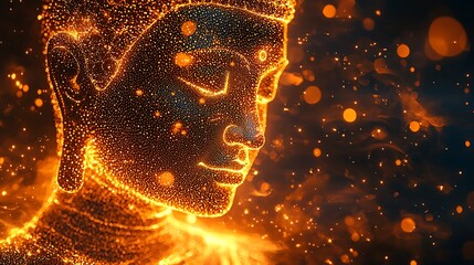 Wall Mural - forward-facing Buddha silhouette created from glowing golden dots, shimmering with light 