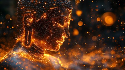 Wall Mural - forward-facing Buddha silhouette created from glowing golden dots, shimmering with light 