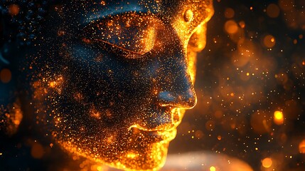Wall Mural - forward-facing Buddha silhouette created from glowing golden dots, shimmering with light 