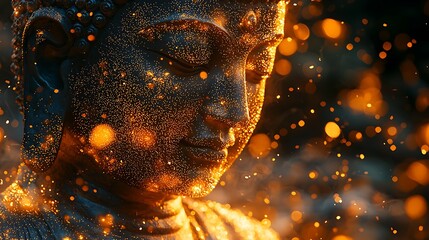 Wall Mural - forward-facing Buddha silhouette made of tiny shimmering golden dots radiant aura 