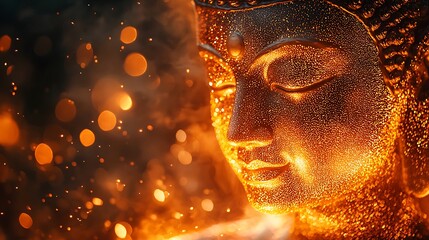 Wall Mural - forward-facing Buddha silhouette made of tiny shimmering golden dots radiant aura 