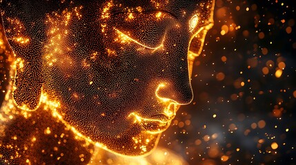 Wall Mural - forward-facing silhouette of Buddha made from intricate golden shimmering dots, glowing aura 