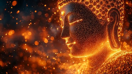 Wall Mural - peaceful Buddha silhouette composed of glowing tiny dots in golden shimmer, forward view 