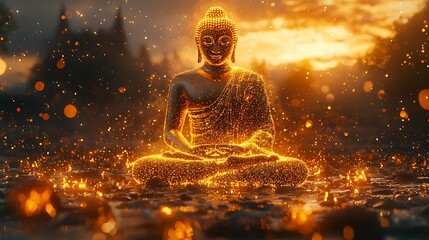 Wall Mural - radiant forward silhouette of a Buddha, body formed from countless shimmering golden dots 