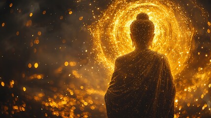 Wall Mural - radiant Buddha forward silhouette formed from intricate shimmering dots of gold 
