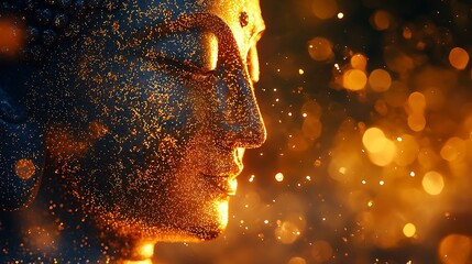 Wall Mural - tranquil Buddha silhouette forward in motion, made of glimmering tiny dots golden light 