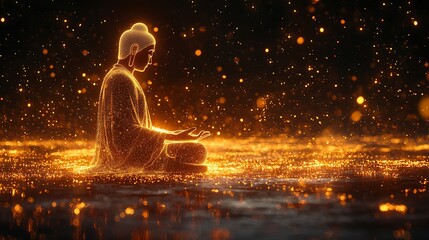 Wall Mural - tranquil Buddha silhouette forward in motion, made of glimmering tiny dots golden light 