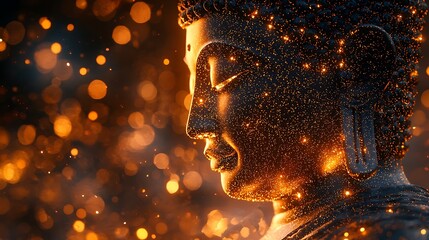 Wall Mural - tranquil Buddha silhouette forward in motion, made of glimmering tiny dots golden light 