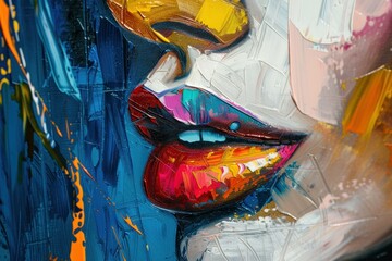 Sticker - Colorful expressive lips close-up with vibrant textures and hues, showcasing an artistic blend of emotions. Bold colors create a striking visual effect.