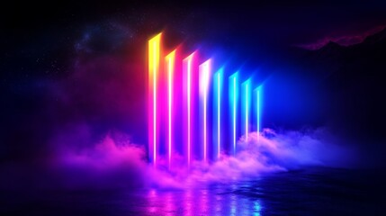 Poster - Futuristic Neon Light Installation with Vibrant Vertical Tubes in Ultraviolet Spectrum Against Black Background