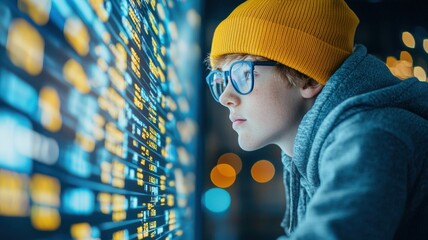 The concept of being scamed. Young person focused on digital data display with glasses and a beanie.