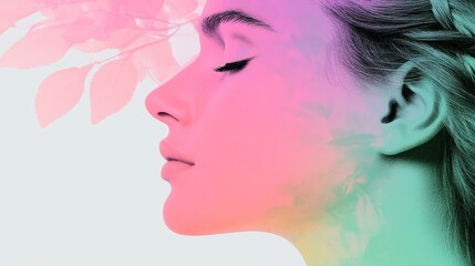 Wall Mural - Close-up profile of a young woman's face, overlaid with pastel colors and delicate floral imagery. Serene and dreamy.