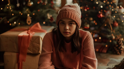 Wall Mural - A girl in a pink sweater and hat sits in a New Year's setting next to a large gift box, with a Christmas tree and decorations in the background.