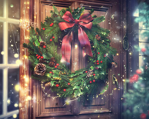 Wall Mural - Christmas wreath adorned with pine cones and red berries hanging on wooden door while snowflakes sparkle in the winter evening