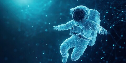 Wall Mural - astronaut with digital data figure floating on dark blue background with glowing particle