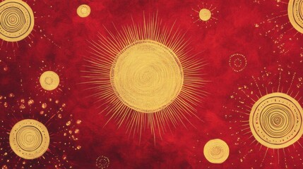 Wall Mural - Abstract Sun and Stars Pattern on Red Background with Circular Design