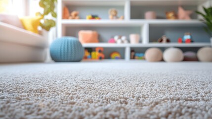 Modern children's playroom with white carpet and toys on shelf