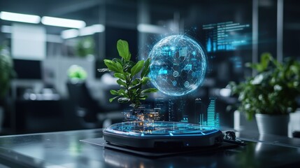 Fototapete - Ai-driven forecasting in a modern office environment with advanced data and plant elements futuristic perspective