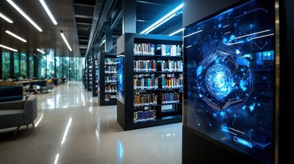 Poster - Modern holographic library experience high-tech facility showcasing future learning with digital display innovations