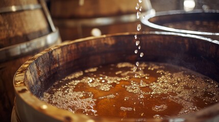 Aufkleber - Natural wine is crafted using traditional methods in oak barrels, where fermentation takes place. Activity includes monitoring the bubbling liquid, which indicates active fermentation in the process.