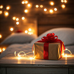 Wall Mural - wrapped gift box on a table with romantic atmosphere. A beautifully wrapped gift with a red bow sits on a wooden table in a cozy bedroom with glowing fairy lights.