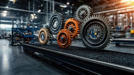 Poster - Animated industrial value chain concept with gears on a conveyor belt in a factory setting showing interconnected processes