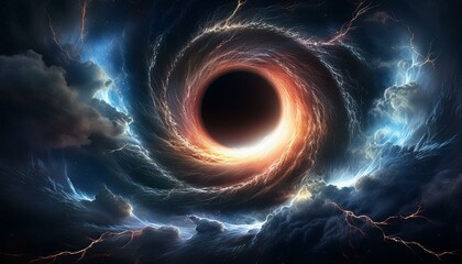 Wall Mural - A dramatic black hole surrounded by spiraling clouds and crackling lightning, with a dark vo