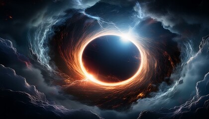 Wall Mural - A dramatic black hole surrounded by spiraling clouds and crackling lightning, with a dark vo 