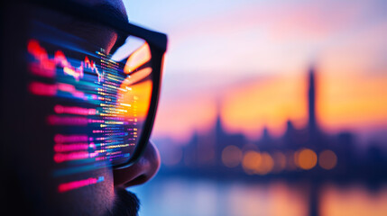 A programmer's glasses reflect lines of code against a vibrant city sunset.  The warm hues contrast with the cool digital glow.