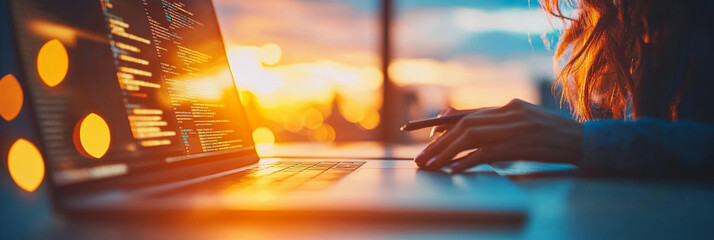 female programmer coding at sunset. warm light illuminates her workspace as she focuses on her lapto