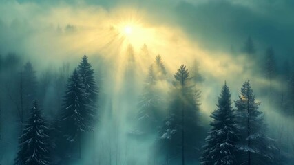 Wall Mural - serene and peaceful forest scene with trees covered in fog. the sun is shining through the trees, cr