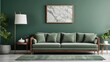 © Umri - Poster, lamp, frame, gray carpet, minimalist sofa, marble-patterned wooden sofa, and green wall background.-