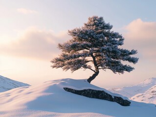 Snowy hill with a lone pine tree