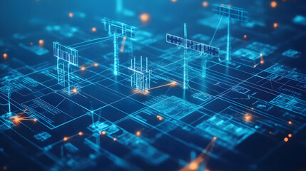 Fototapete - A digital representation of interconnected structures and networks in a blue-toned environment.