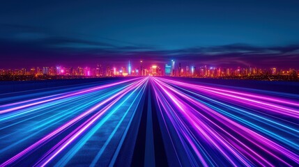 Aufkleber - Futuristic highway with neon lights city skyline digital art nighttime aesthetic concept for modern transportation