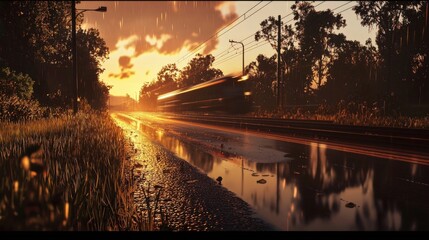 Poster - Scenic highway and railway at sunset rural area landscape photo atmospheric setting captured perspective nature's beauty