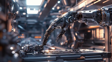Aufkleber - Automation technology robotic arm assembling precision components in a high-tech factory environment