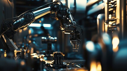 Poster - Robotic arm assembling precision components in high-tech factory industrial environment close-up view future technology