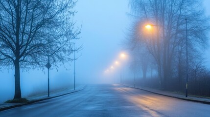 Sticker - Foggy road, illuminated, bare trees, quiet morning.